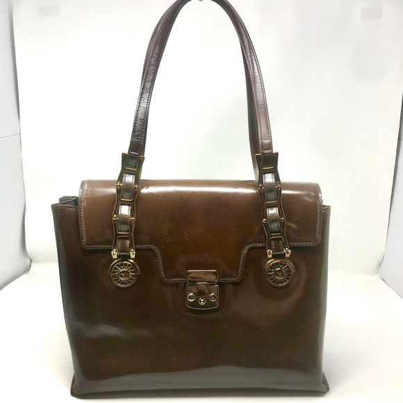 Versace Brown Patent Sunburst Top Flap Bag - Picture 1 of 8